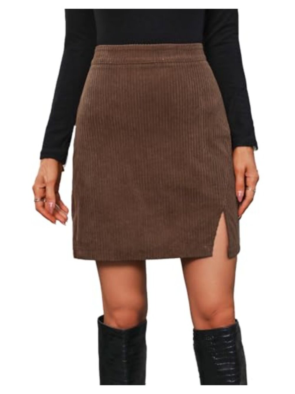 Women's Corduroy High Waist Bodycon Pencil Mini Skirt Split Hem Fall